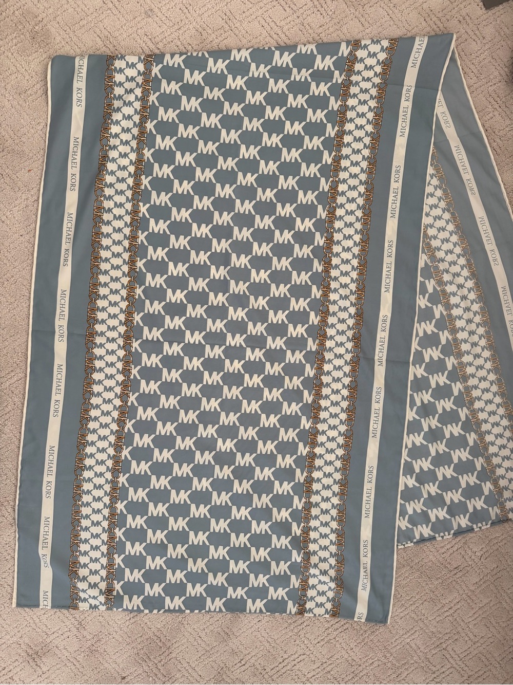 Michael Kors Blue and White MK Logo shawl with Tan Chain Trim